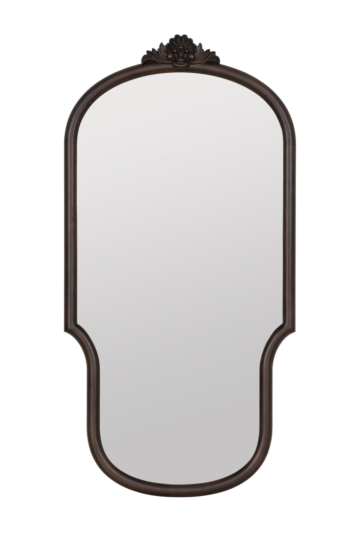 Hakon Tall Curved Wood Wall Mirror with Carved Crest in Walnut, product view 1