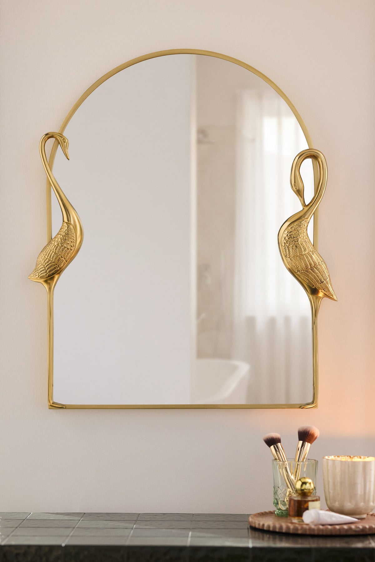Vigdis Arch Wall Mirror with Twin Brass Cranes, product view 1
