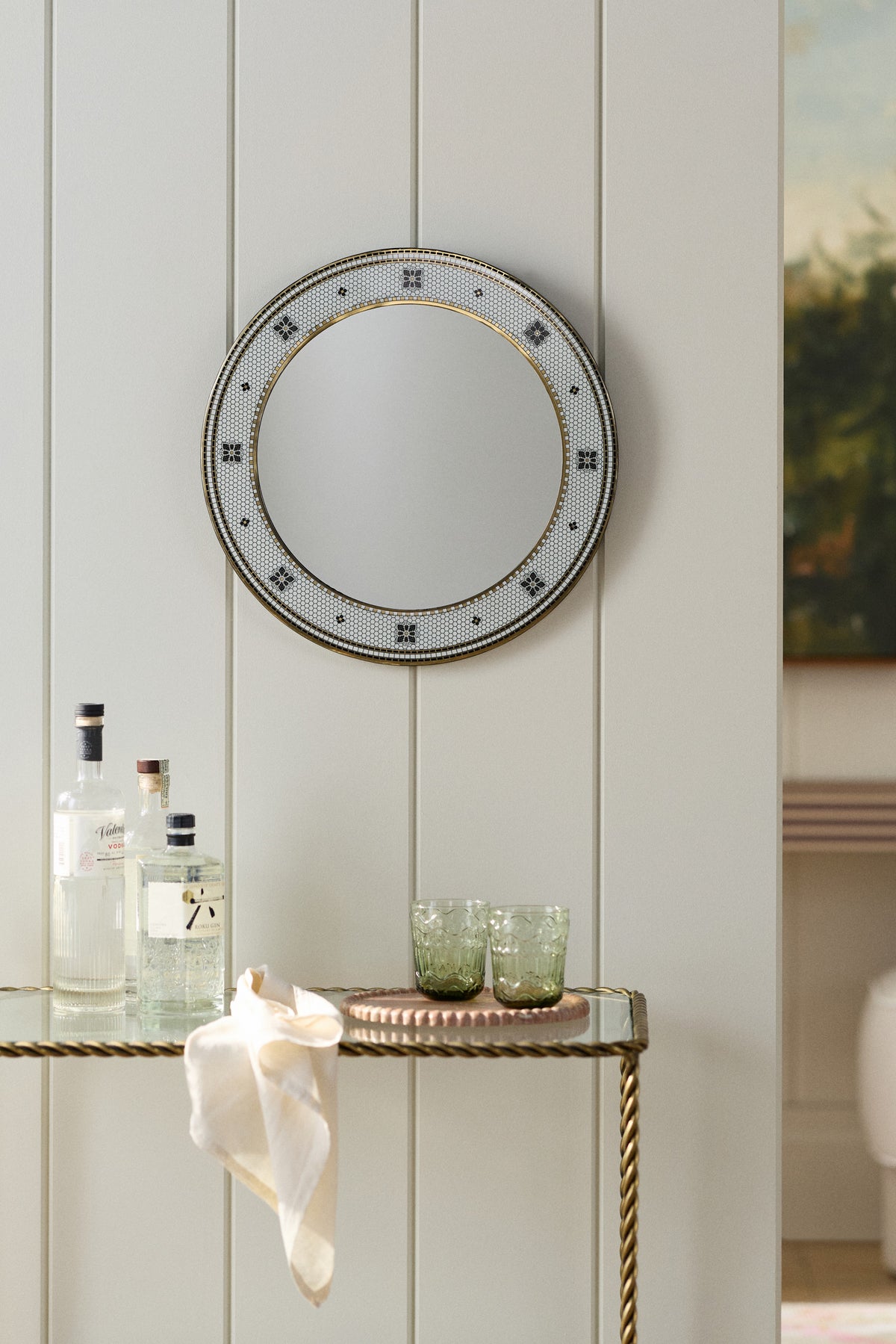 Kaffi Black and White Mosaic Tile Round Wall Mirror, 24k Gold Accents in Black & White Pattern, product view 1