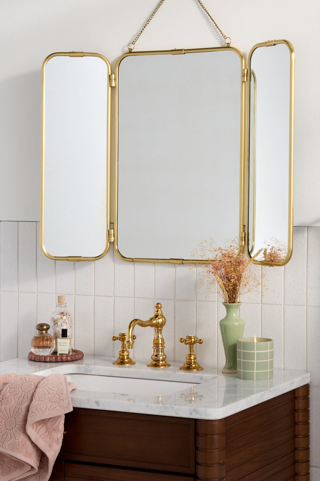 Hanna Brass Trifold Wall Mirror with Hanging Chain, product view 1