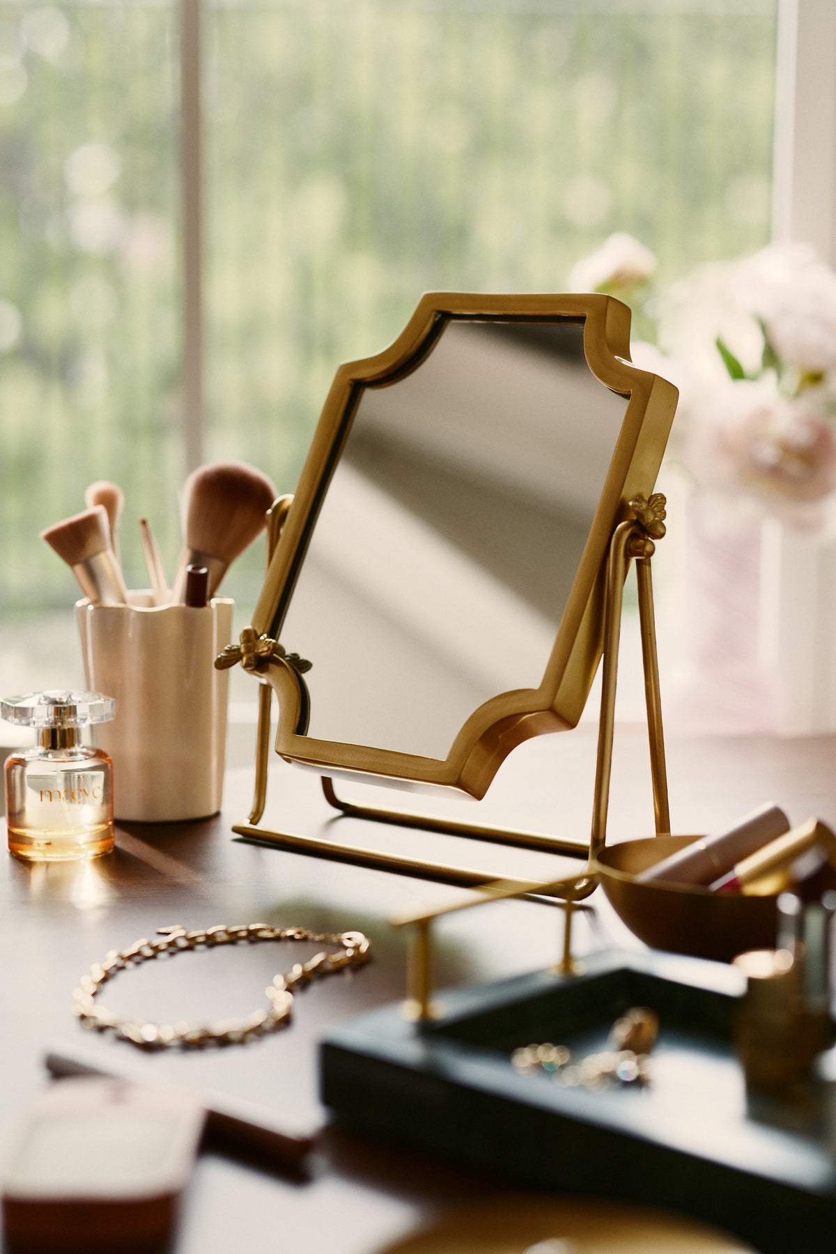 Engi Bee Pivoting Tabletop Vanity Mirror, Brass Finish, product view 1