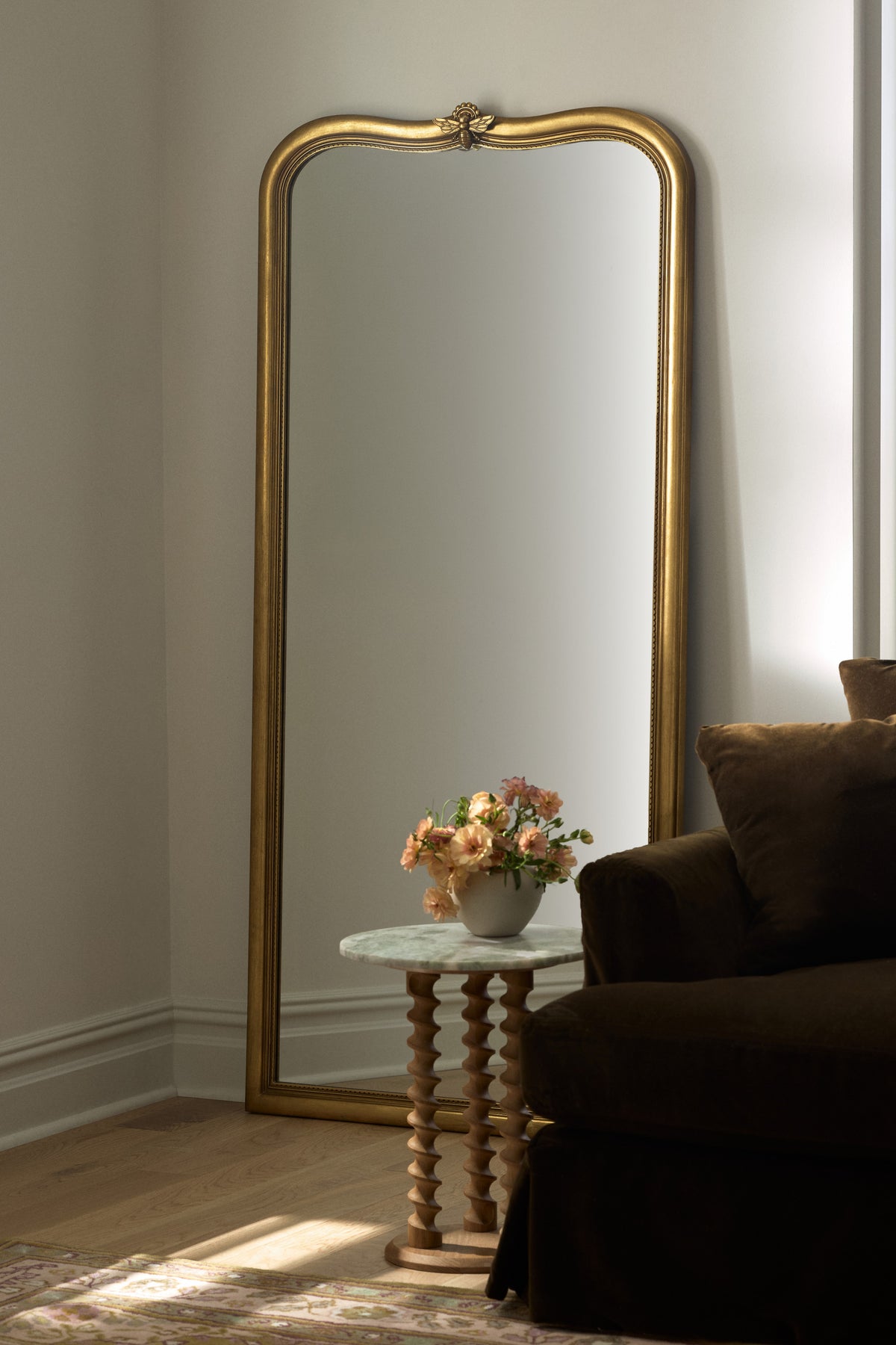 Sumar Bee Crest Arched Gold Floor Mirror in Brass, product view 1