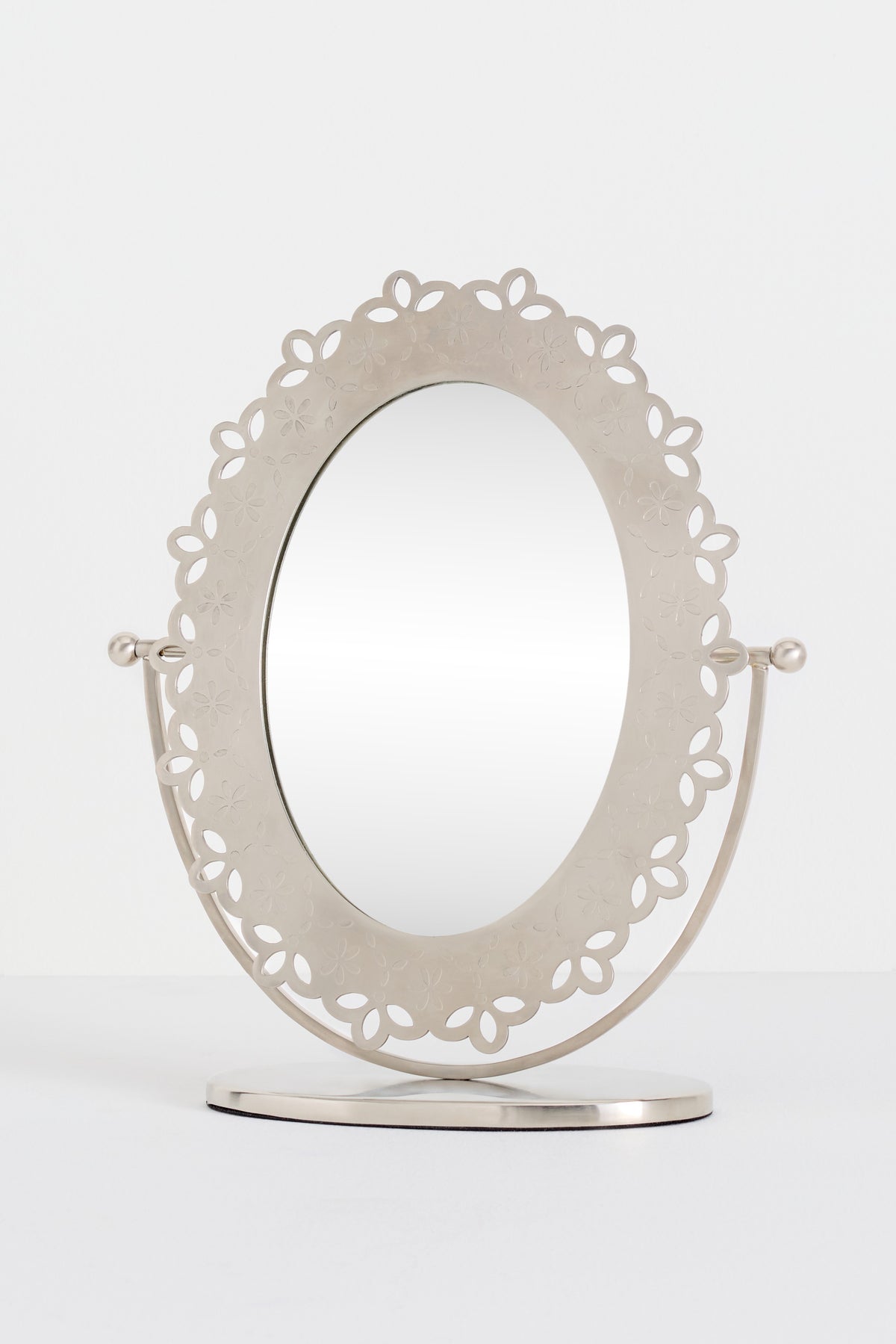 Mani Laser-Cut Floral Tabletop Vanity Mirror, Brushed Nickel, product view 1