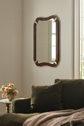 Ylur Curved Burl Veneer Wall Mirror, Gold-Tone Corners in Dark Burl, product view 1