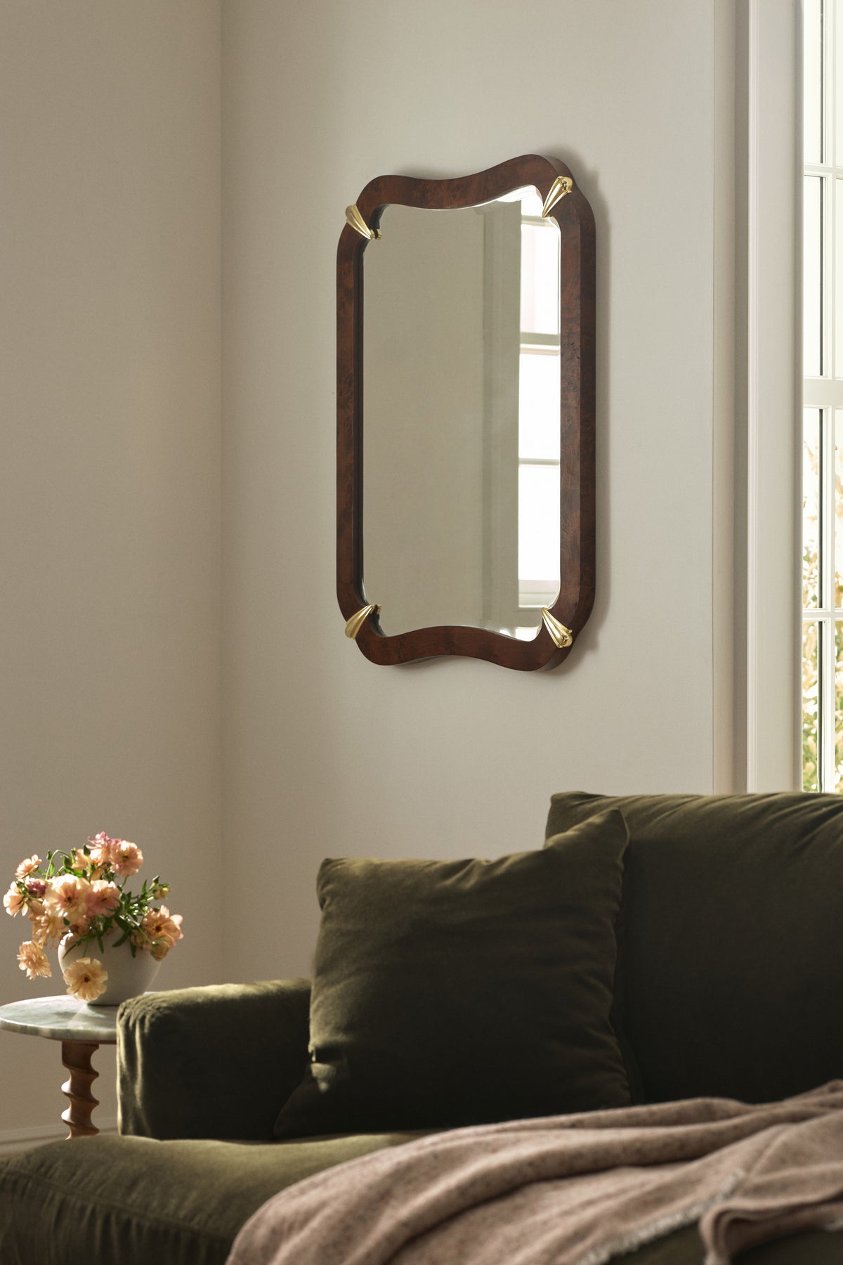 Ylur Curved Burl Veneer Wall Mirror, Gold-Tone Corners in Dark Burl, product view 1