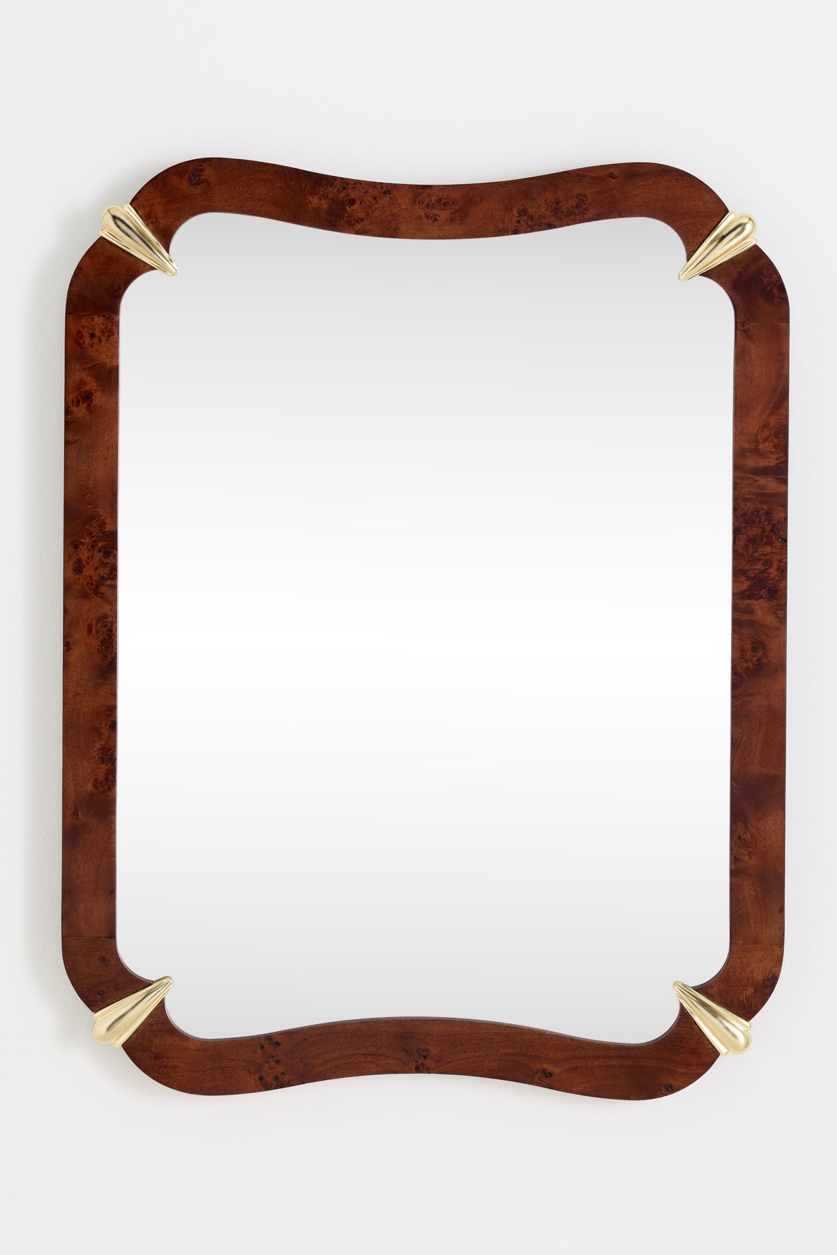 Ylur Curved Burl Veneer Wall Mirror, Gold-Tone Corners in Dark Burl, product view 2
