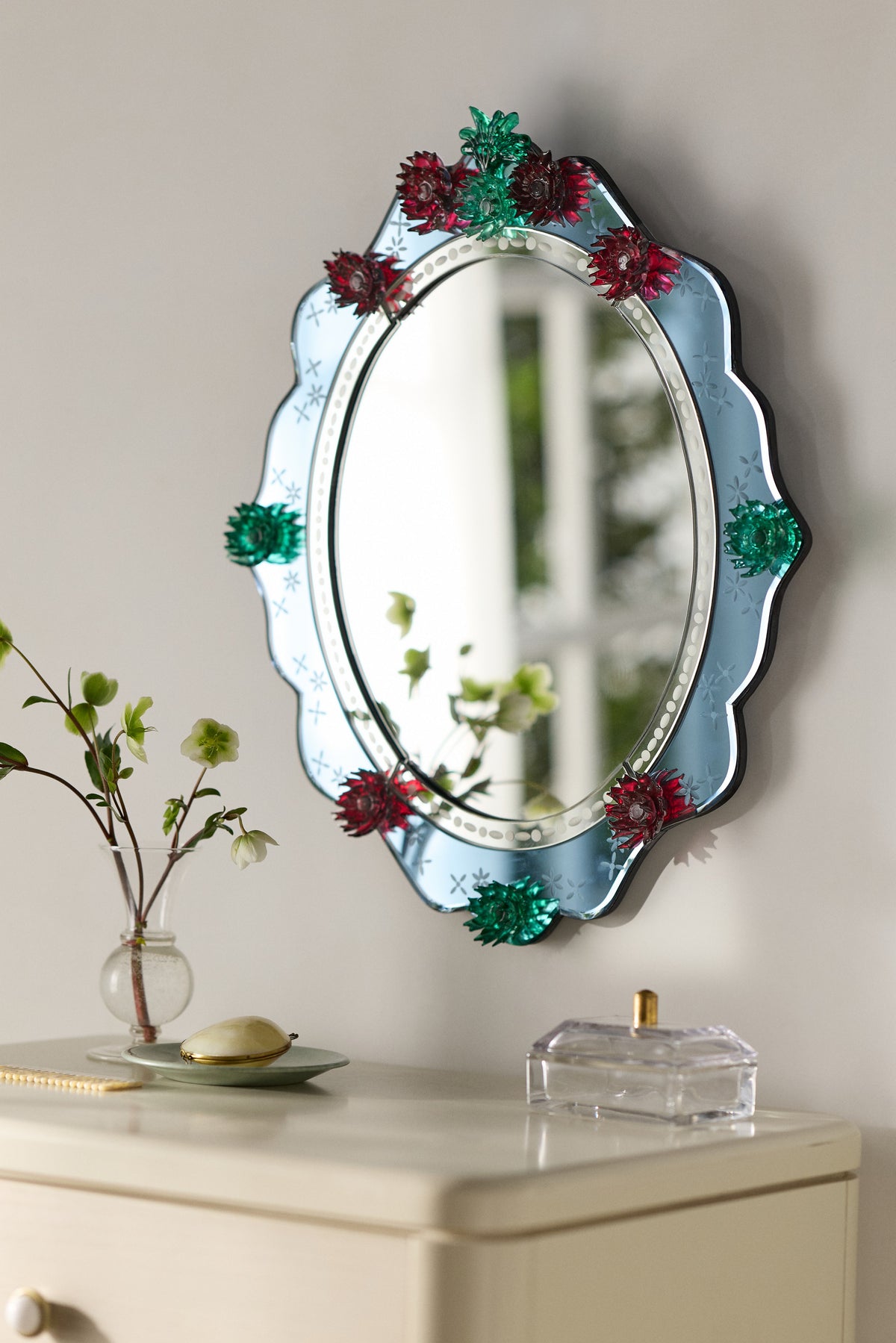 Asta Venetian-Style Floral Oval Wall Mirror, Tinted Glass in Blue, product view 1