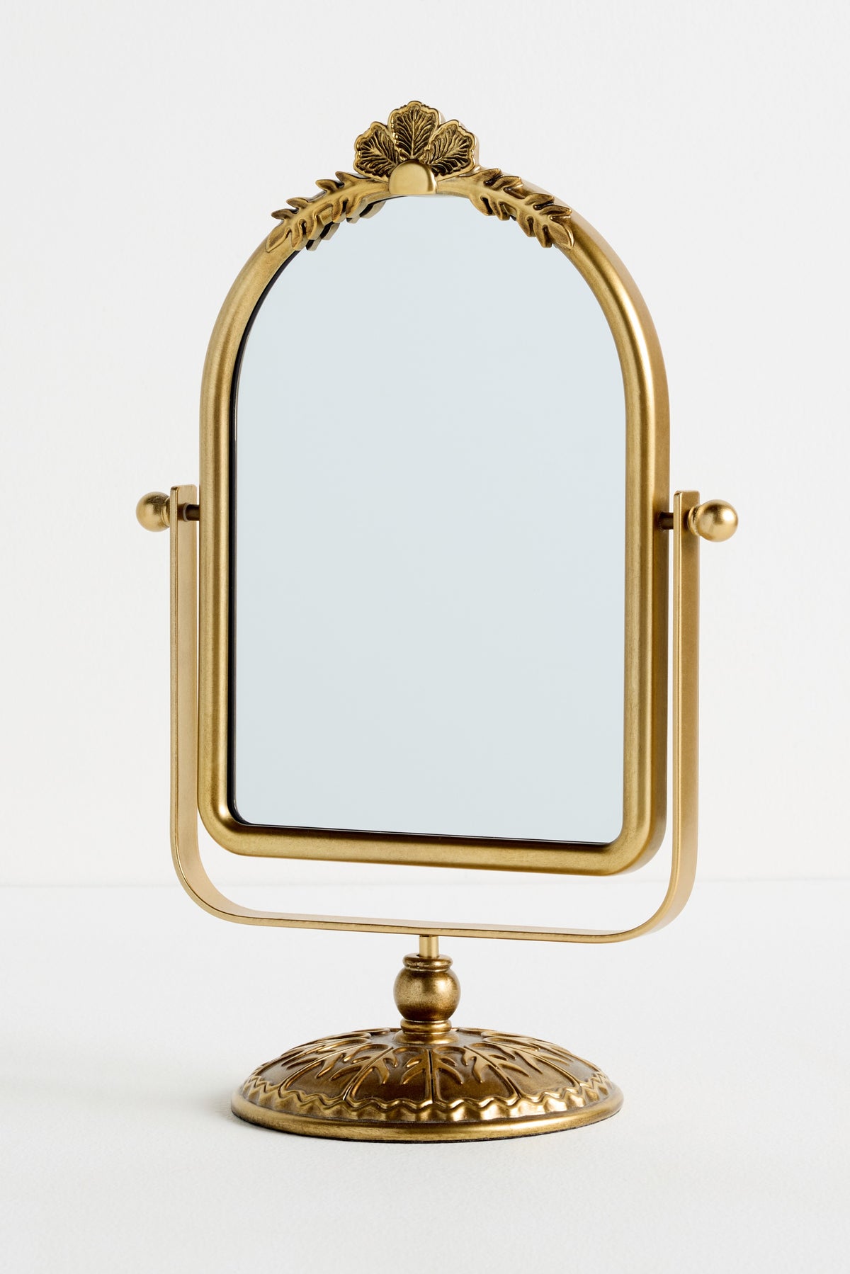 Hafdis Arched Gold Pivoting Tabletop Vanity Mirror in Brass, product view 1
