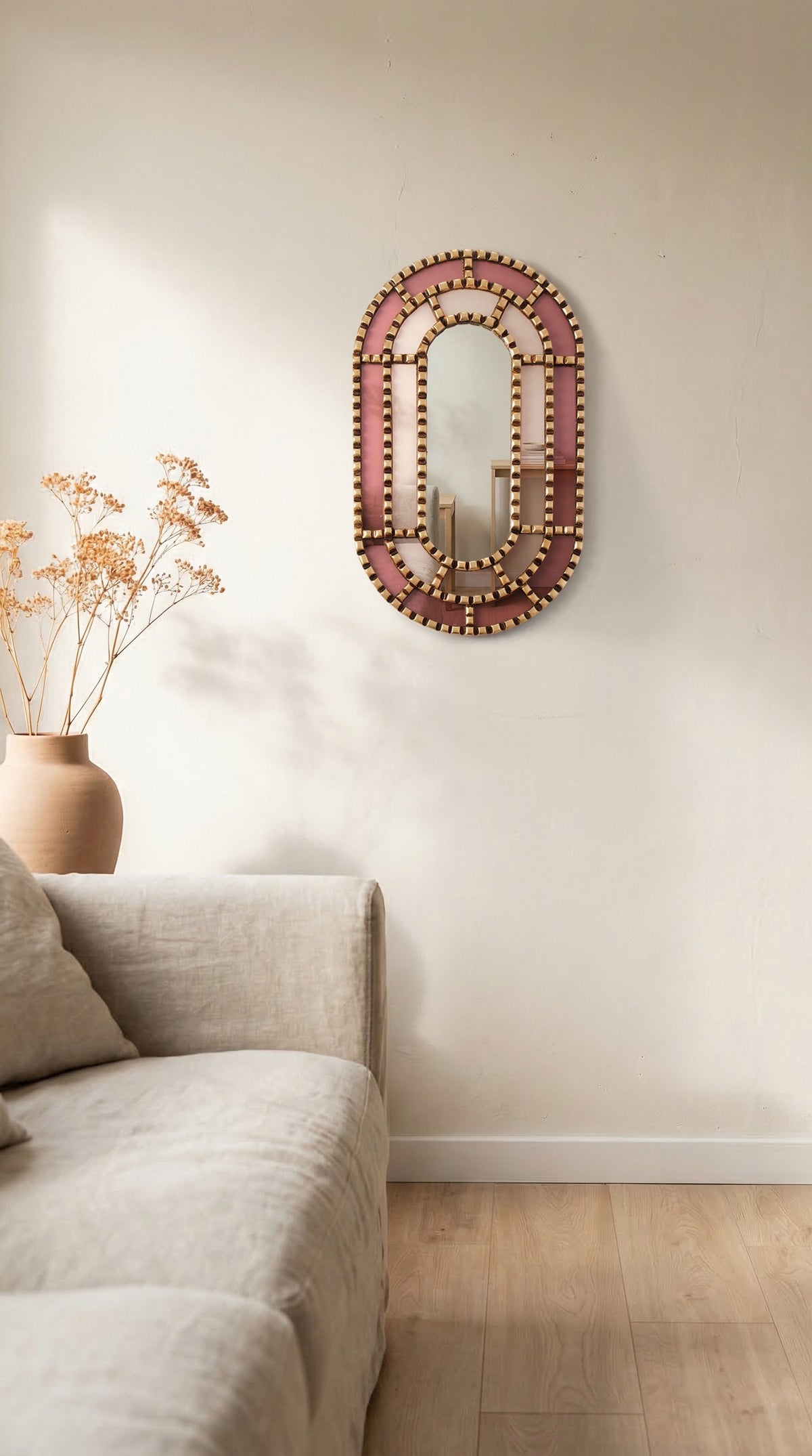 Gloa Pink and Gold Geometric Oval Wall Mirror, product view 1
