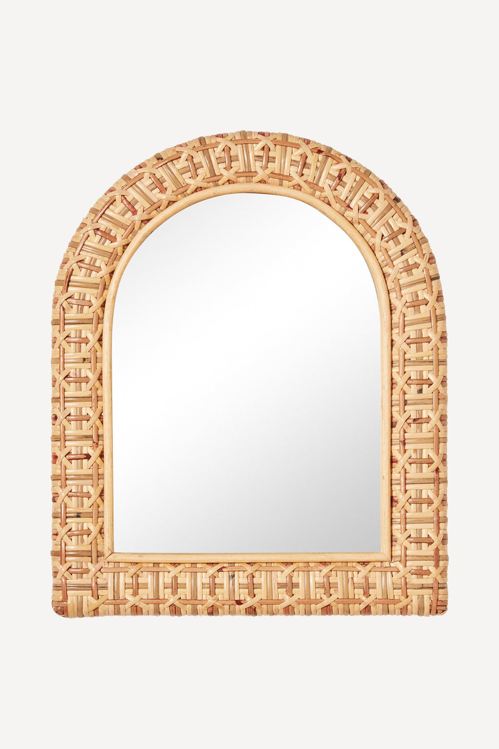 Yndi Woven Rattan Arched Wall Mirror with Shelf in 085 Coral, product view 1