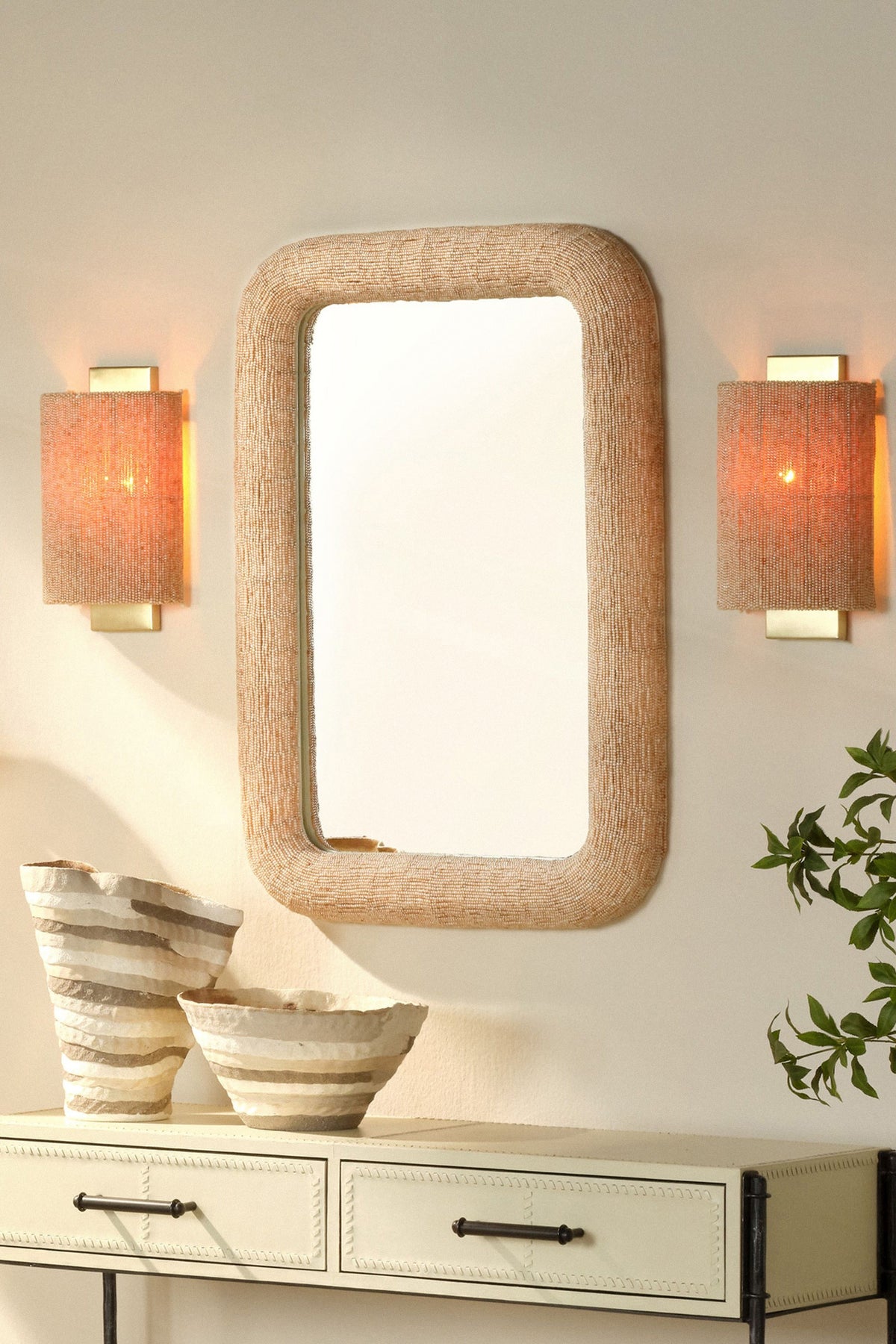 Freyja Hand-Strung Glass Bead Wall Mirror in 012 Cream, product view 1