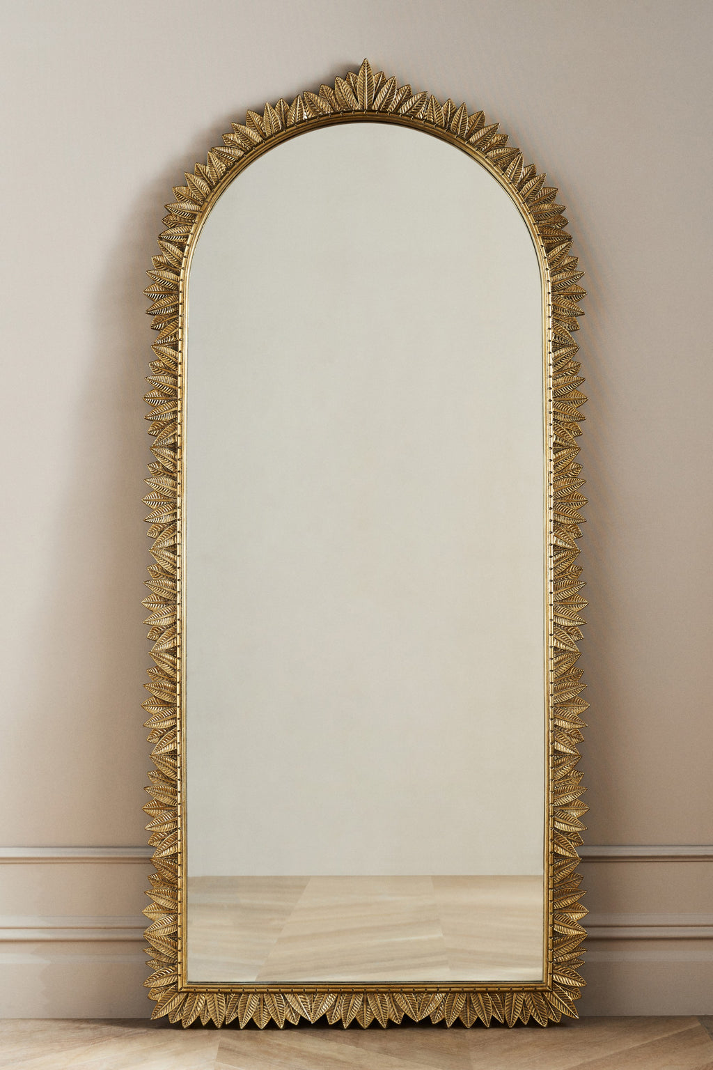 Sigrid Leaf-Trim Arched Floor Mirror, Antique Brass Finish in 027 Brass, product view 2