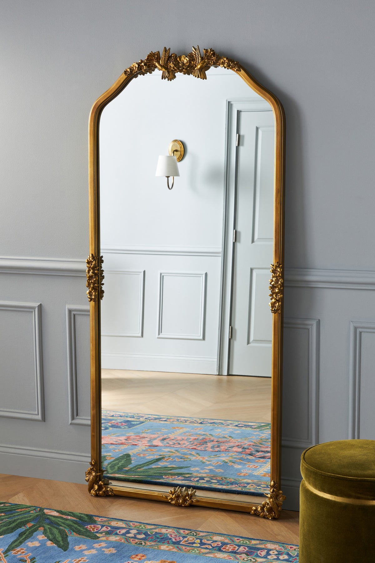 Vala Hummingbird Floral Gold Arched Floor Mirror in 070 Gold, product view 1