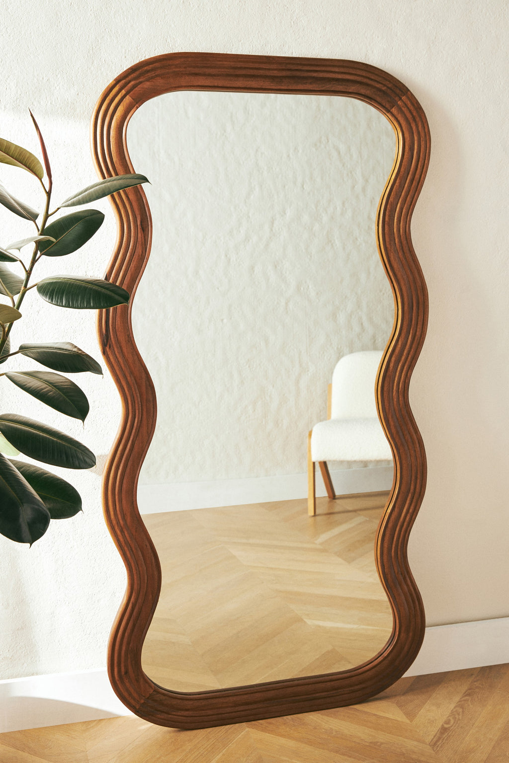 Bylgja Wavy Hardwood Mirror, Wall or Floor Sizes in Brown, product view 1