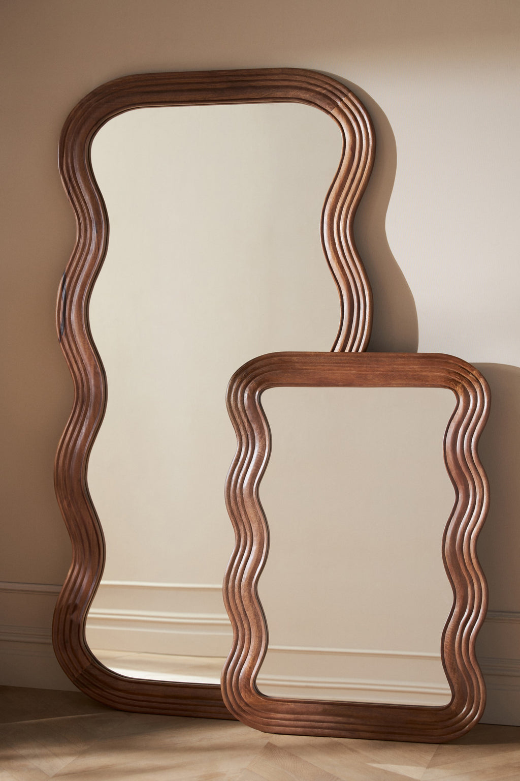 Bylgja Wavy Hardwood Mirror, Wall or Floor Sizes in Brown, product view 2