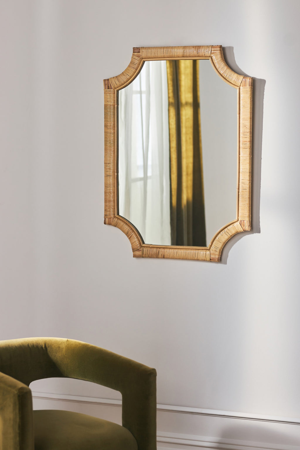 Reyr Rattan-Wrapped Notched-Corner Wall Mirror in 070 Gold, product view 1