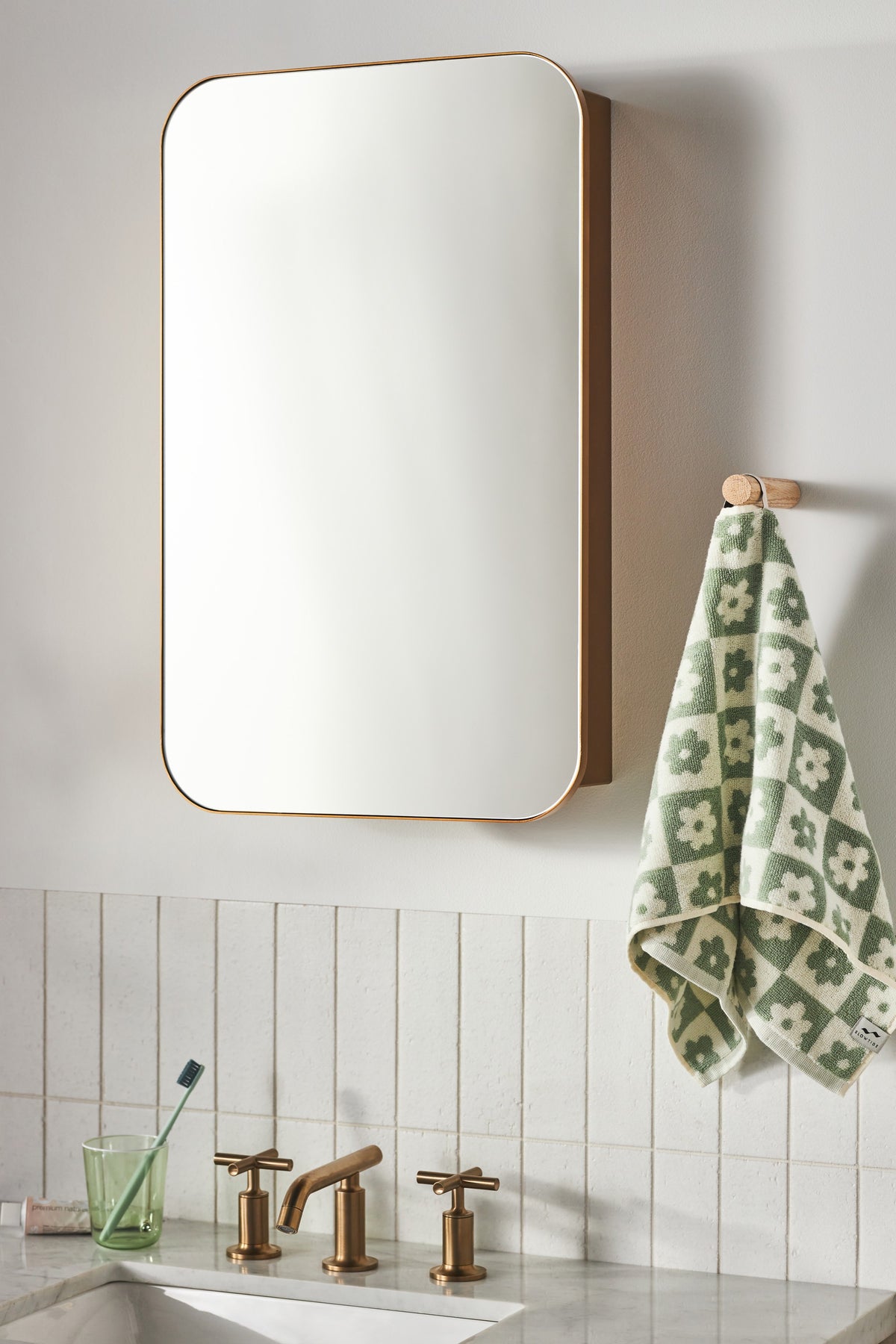 Tjorn Rounded-Corner Gold Medicine Cabinet, Surface or Recessed, product view 1